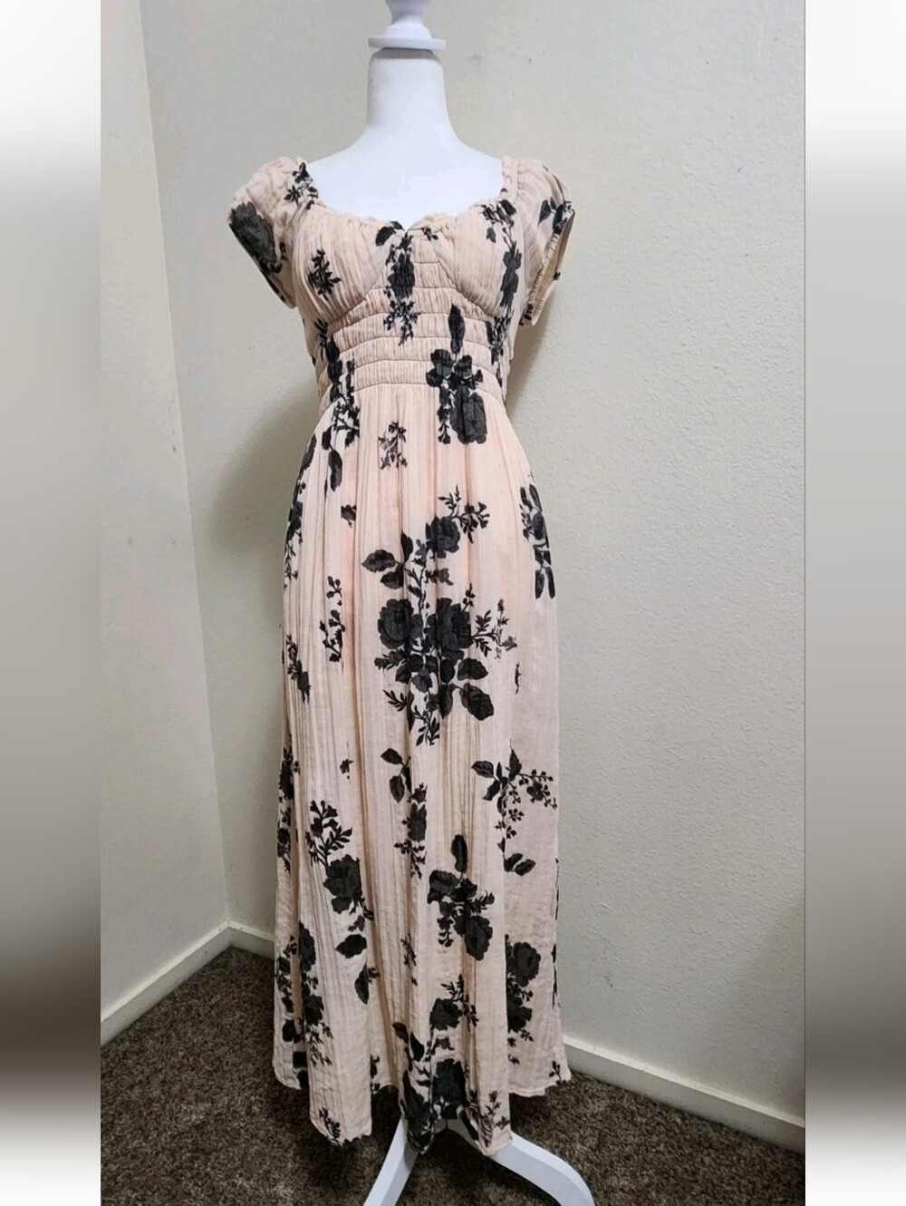 Free People Forget Me Not Midi Dress Sz M Peach Floral Cottagecore Smock Boho - Picture 4 of 16